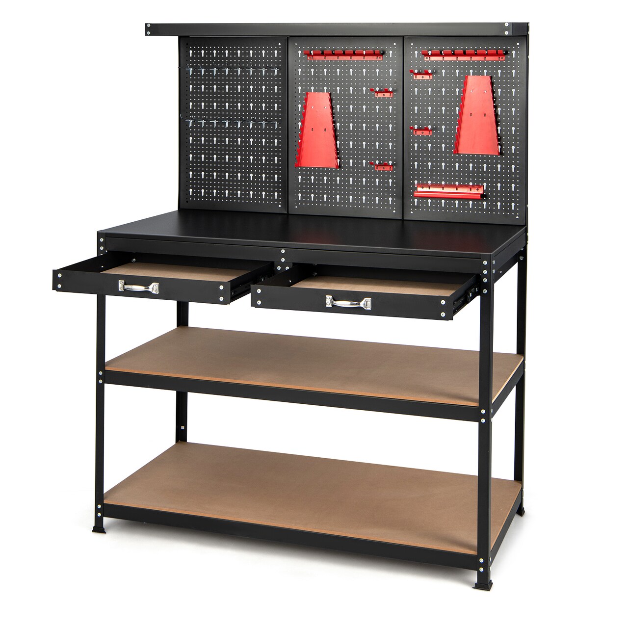 48-inch Workbench with Pegboard, 2 Drawers Top & Bottom Shelves for Tool Organization